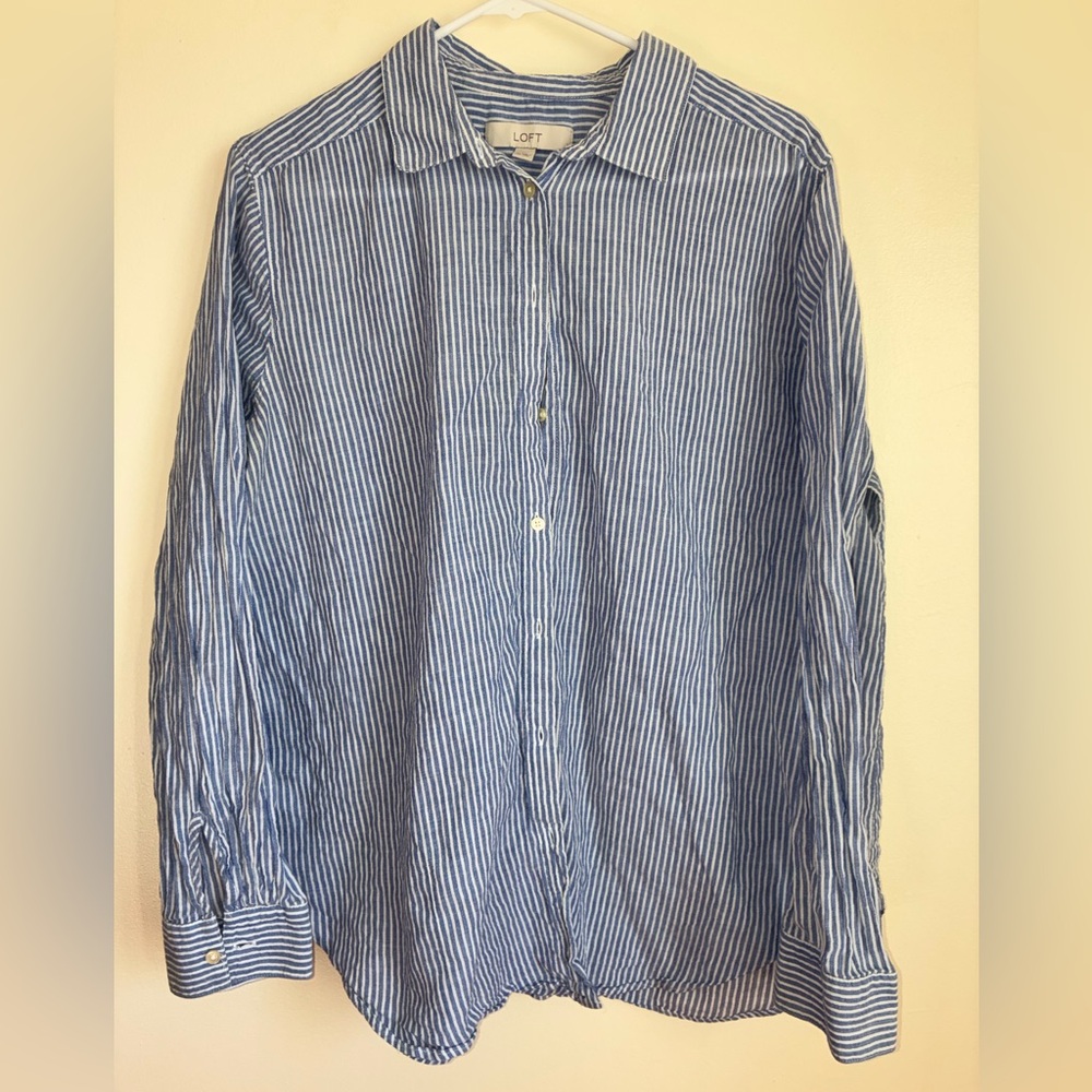 LOFT Blue and White 100% Cotton Striped Button-Down Shirt